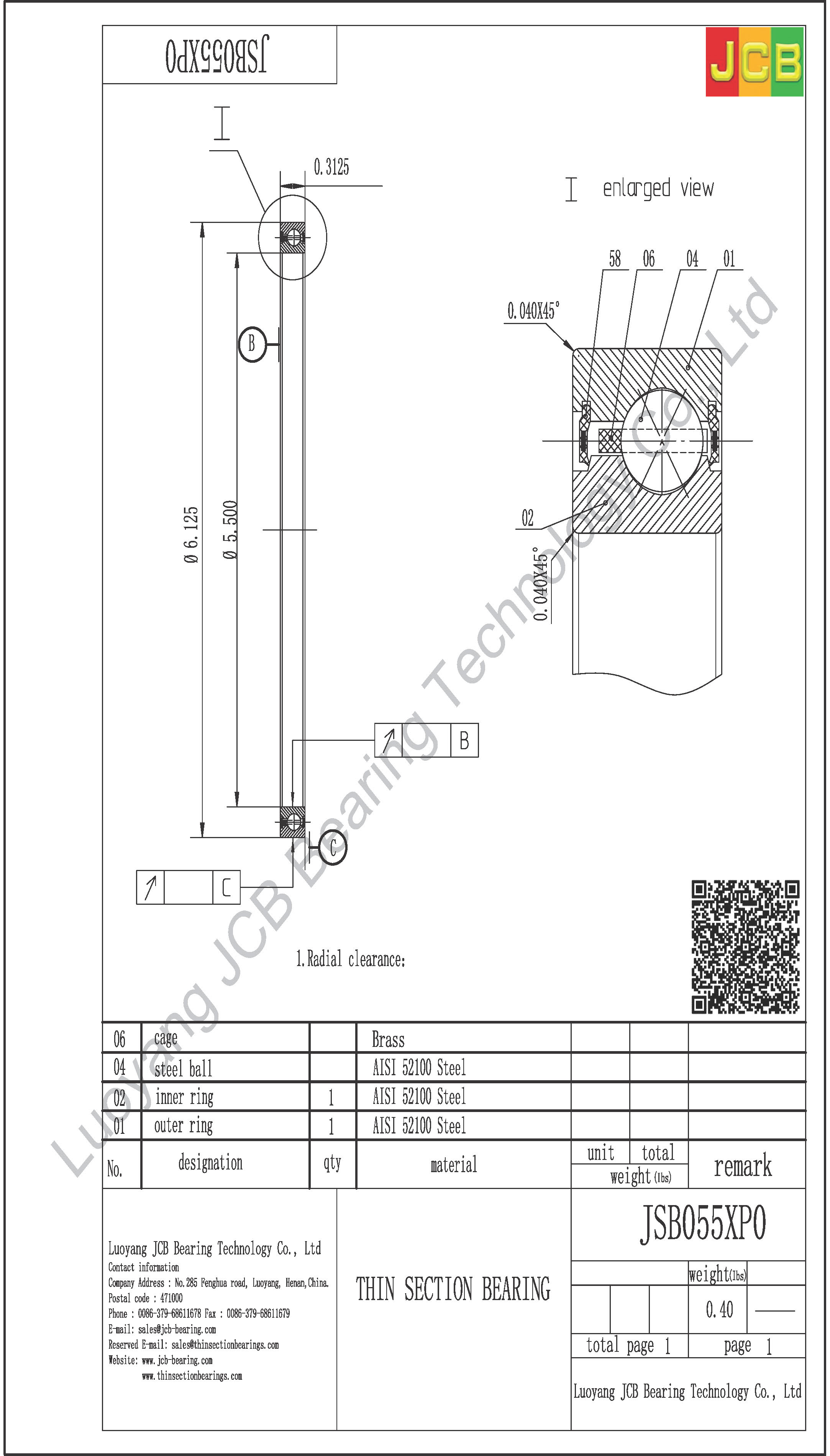 JSB055XP0 SILVER SEALED THIN SECTION BEARING